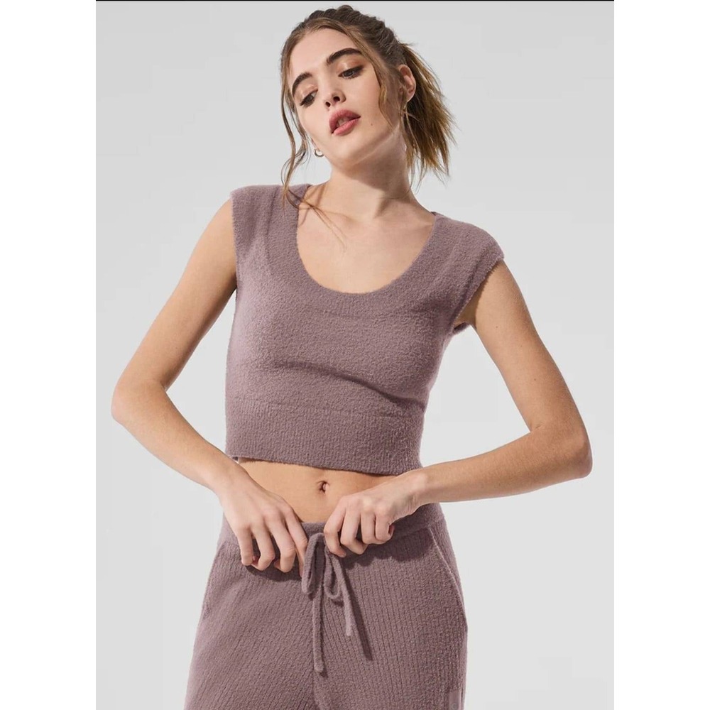 Alo Yoga Cozy Fuzzy Knit Cropped Sweater Vest Tank Top Women's M Brown